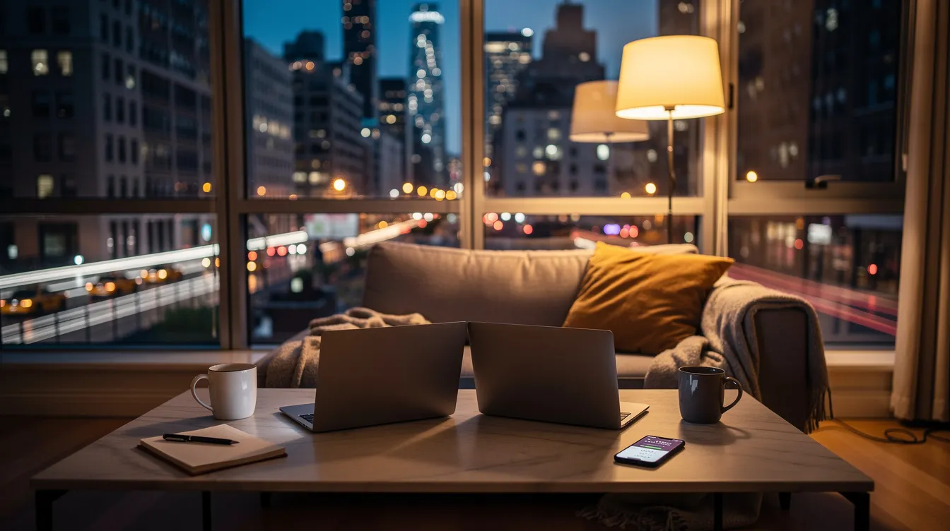 A calm, dimly lit Manhattan apartment at night with two closed laptops on a table — a private space ready for a virtual session.