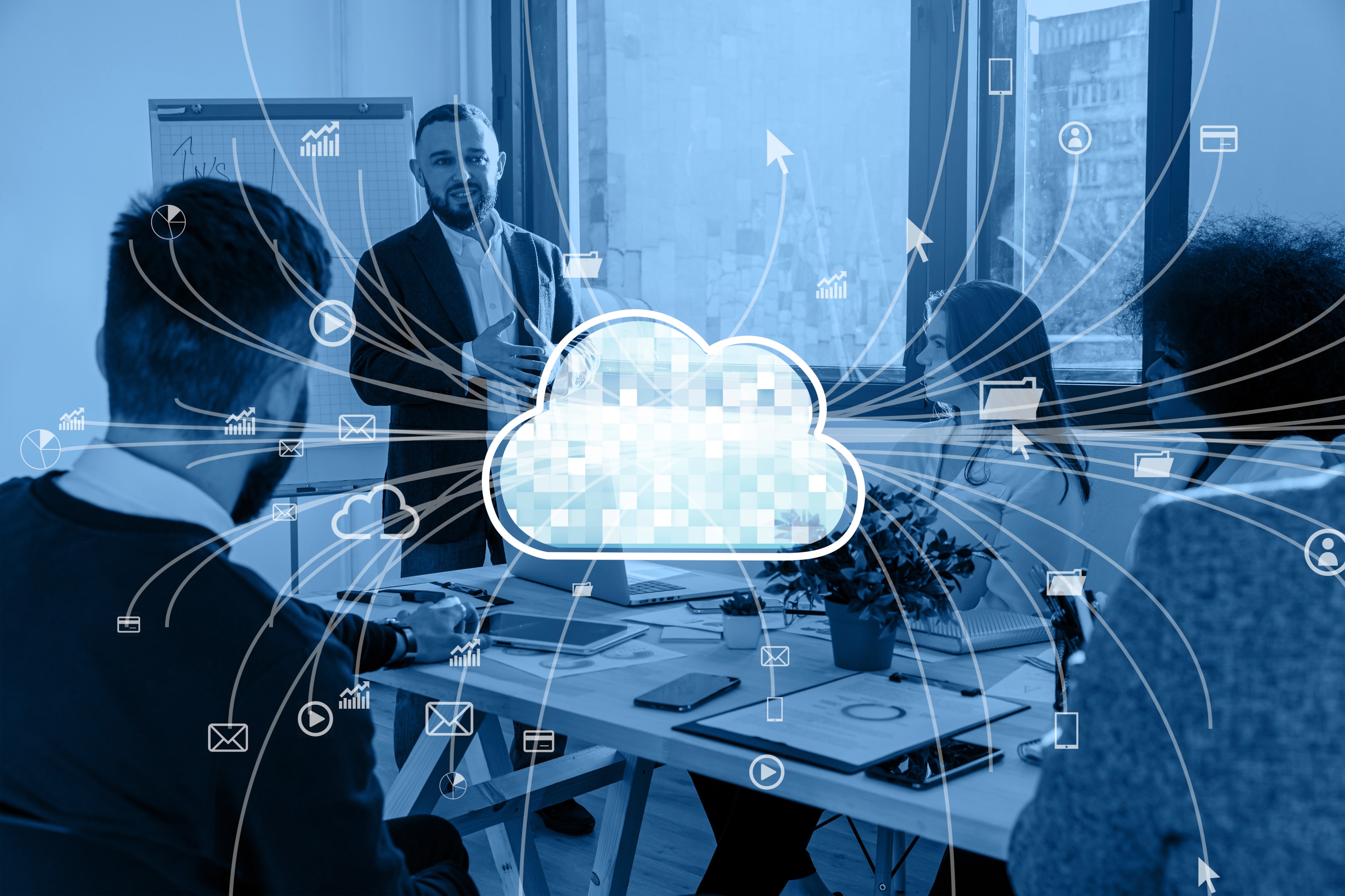 A display of cloud technology linked to multiple systems.