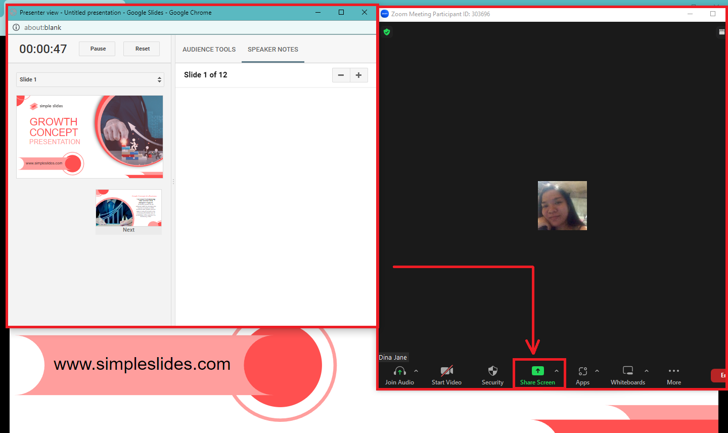 Once you open the Google Slides presenter view, go to your zoom app and click "Share screen."