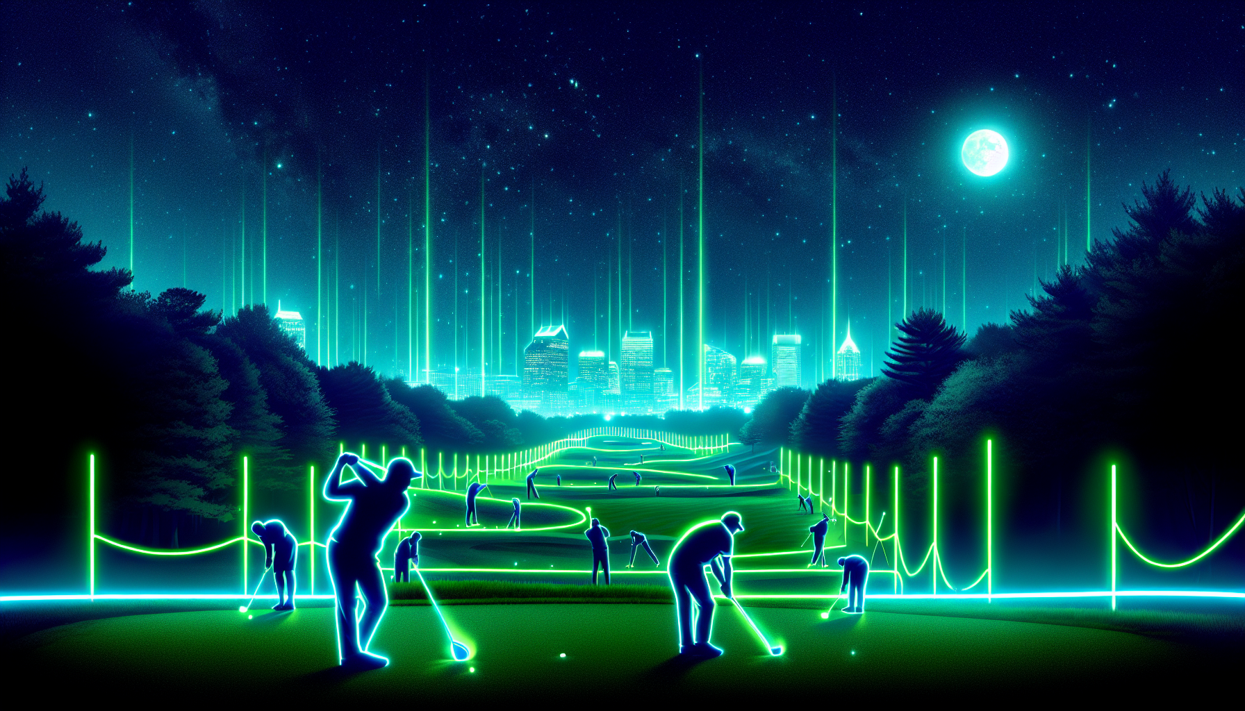 Glowing golf tournament event under the night sky