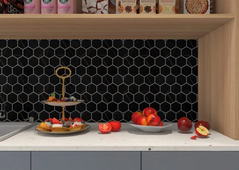 Silk Hexa Zero Black Glass Hexagon Mosaics by Intermatex.