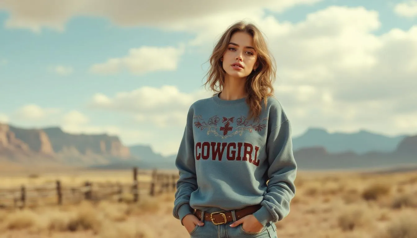 A stylish woman wearing a trendy cowgirl sweatshirt.