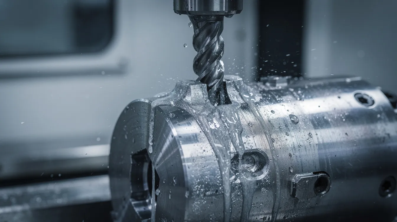 The image shows a close-up view of a titanium aerospace component being machined on a multi-axis CNC mill, with coolant flowing over the surface to facilitate the precision machining process. This scene highlights the advanced capabilities of CNC machining services in producing complex geometries for aerospace components.