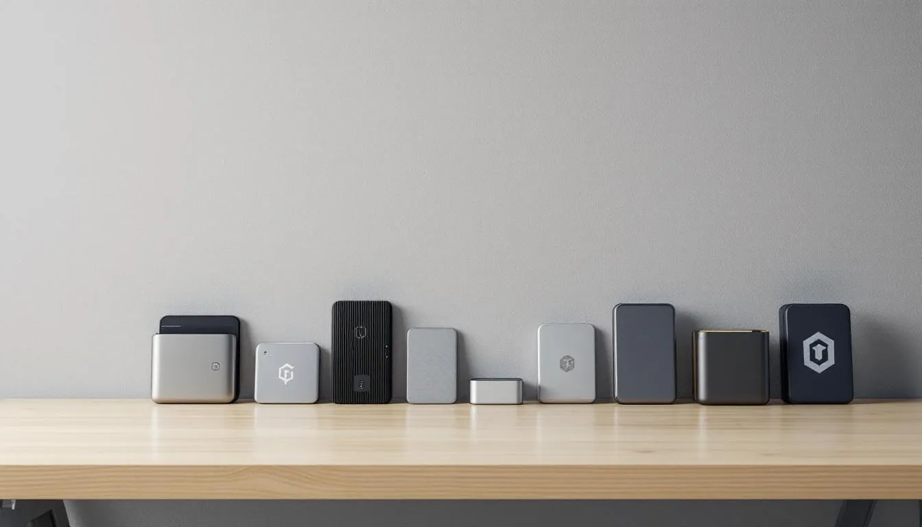 The image depicts a collection of various cryptocurrency hardware wallets arranged neatly on a clean desk surface, showcasing options for securely managing digital assets and protecting private keys offline. These hardware wallets are essential tools for crypto security, allowing users to store their crypto assets and complete transactions safely.