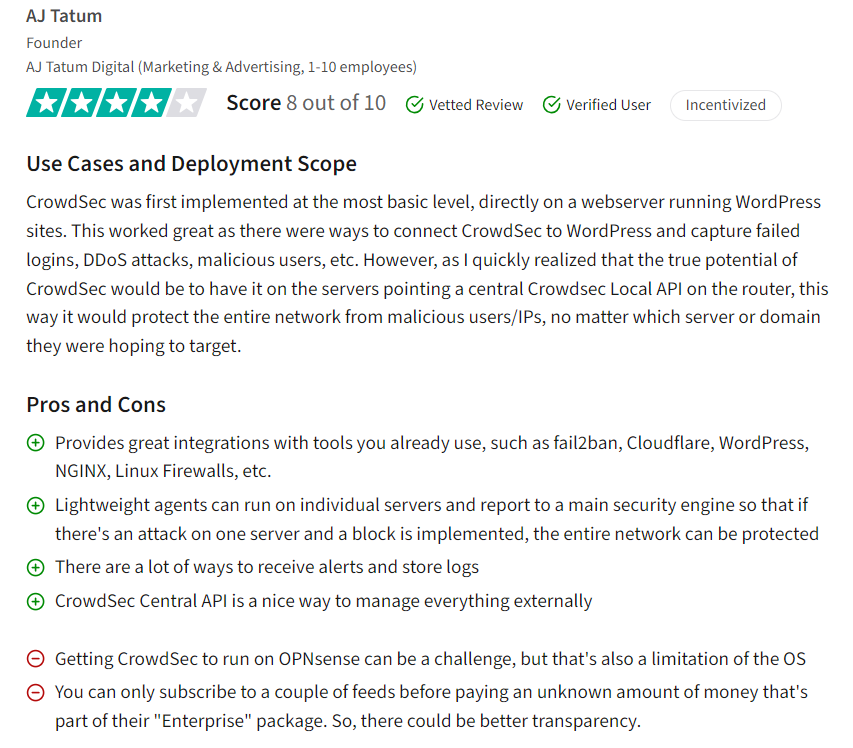This image shows a user review of CrowdSec, one of the open source firewall audit tool