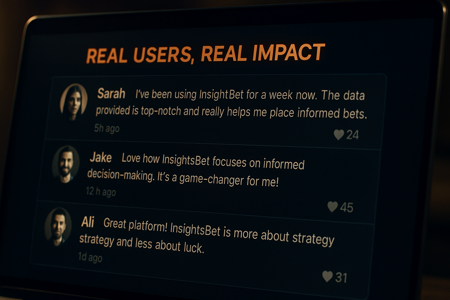 User review section with dark theme showing feedback from Sarah, Jake, and Ali about using InsightsBet, including timestamps and like icons