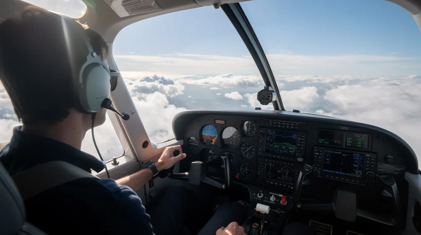 A confident pilot is seated in the cockpit of a small aircraft, skillfully navigating above fluffy white clouds during a bright daytime sky. The scene reflects the essence of instrument flying, showcasing the pilot's training and experience as they operate the aircraft under instrument flight rules.