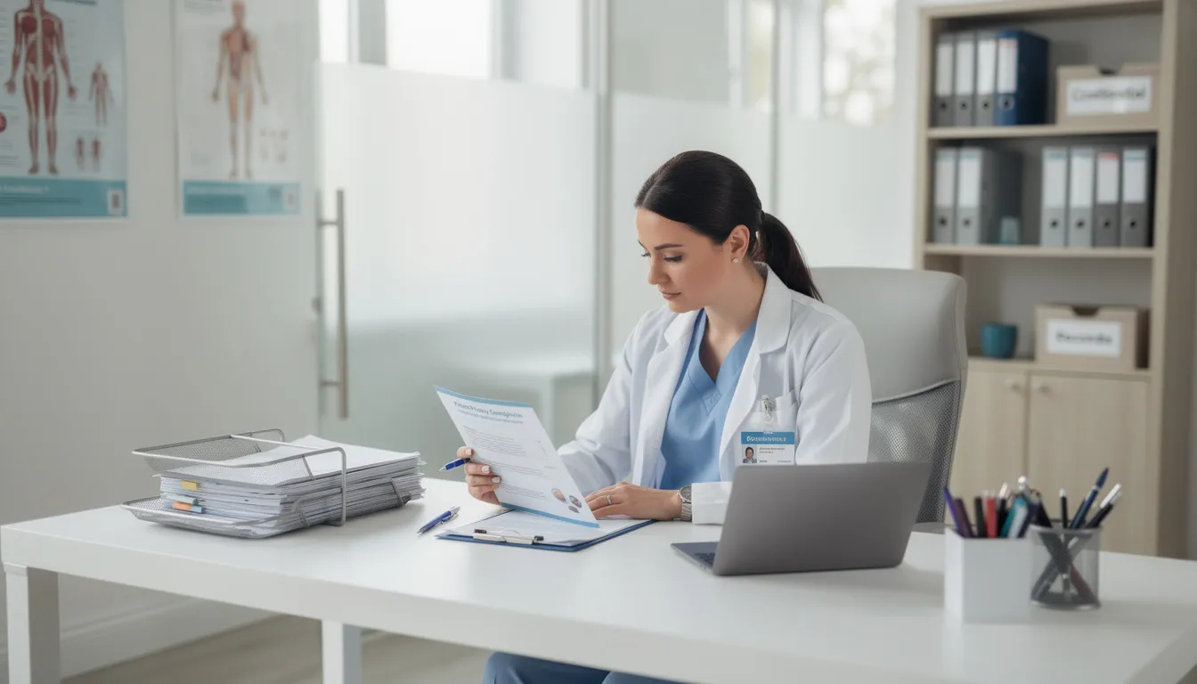 A healthcare professional is seated at a modern desk in a medical office, reviewing patient privacy compliance documents, including HIPAA regulations and a medical office compliance checklist. The setting reflects a commitment to protecting individually identifiable health information and ensuring adherence to health and human services standards.