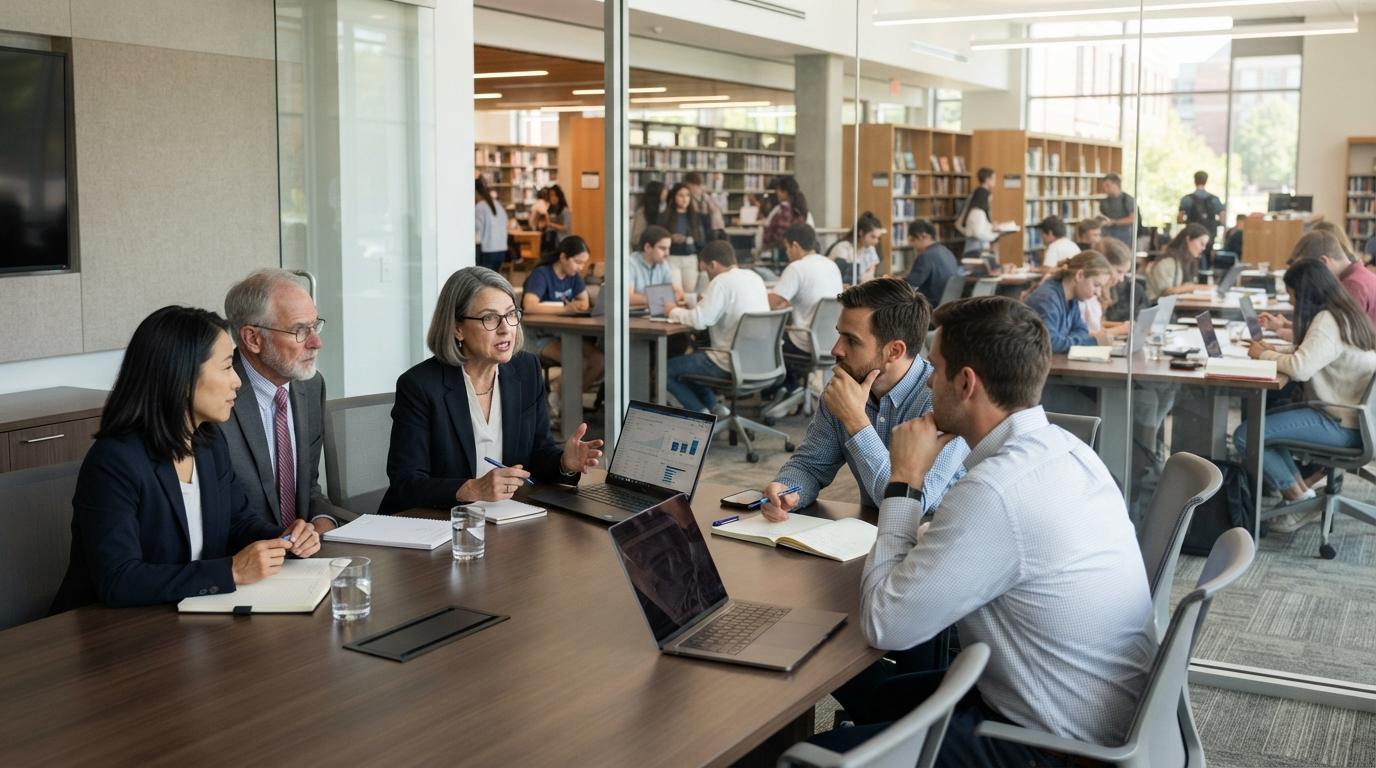 Photorealistic university administrators and faculty discussing secure AI adoption in a modern conference room while students study in the background, representing privacy, institutional oversight, and long-term educational value, natural lighting.