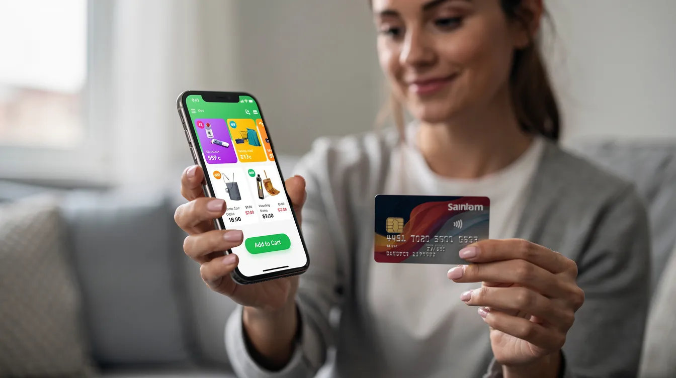 A shopper is intently looking at products on their mobile phone while holding a bank card, indicating their engagement in the online shopping process. This scene highlights the importance of an efficient checkout flow to reduce shopping cart abandonment and enhance the overall customer experience.