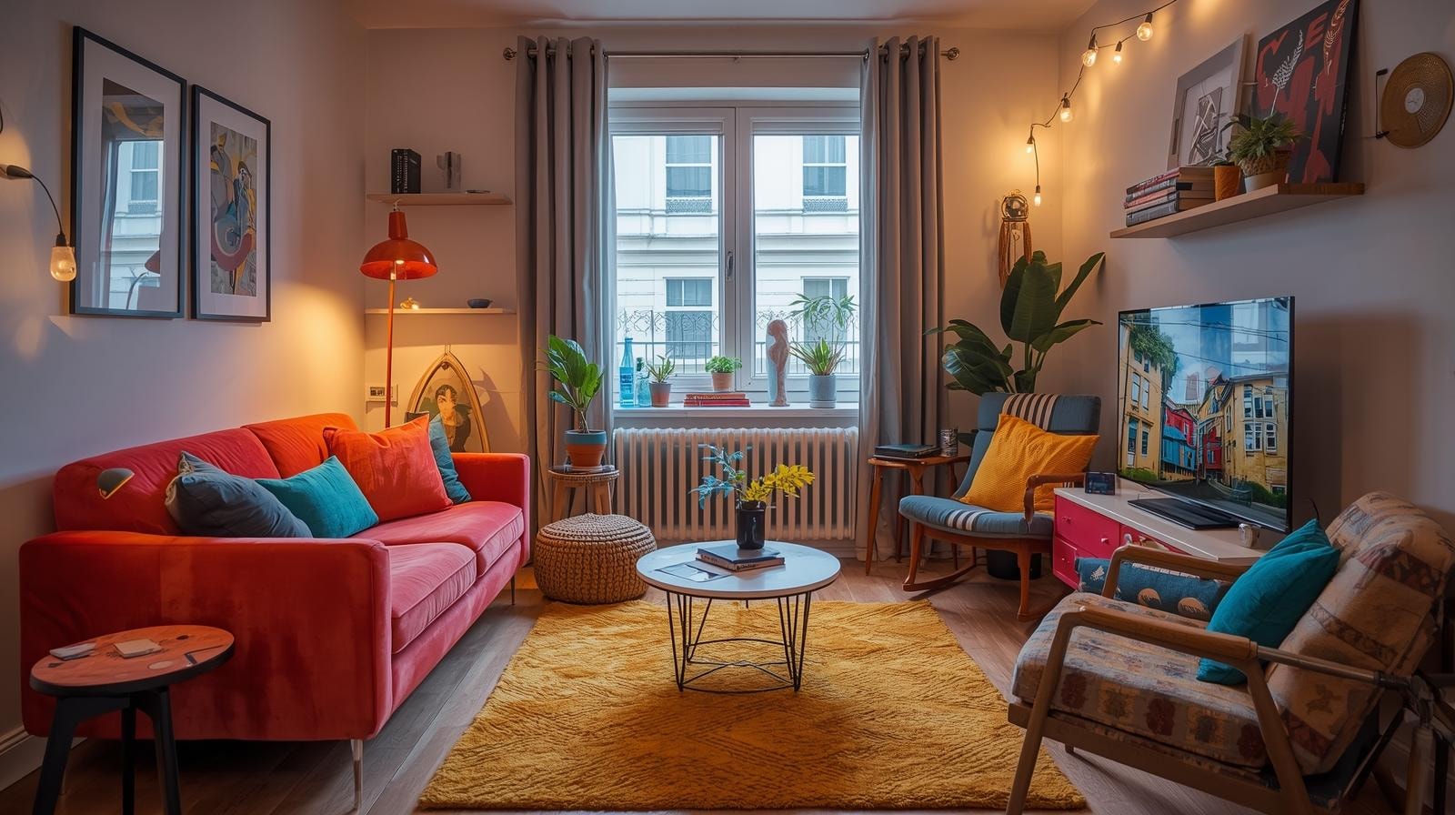 Small living room with bold colours