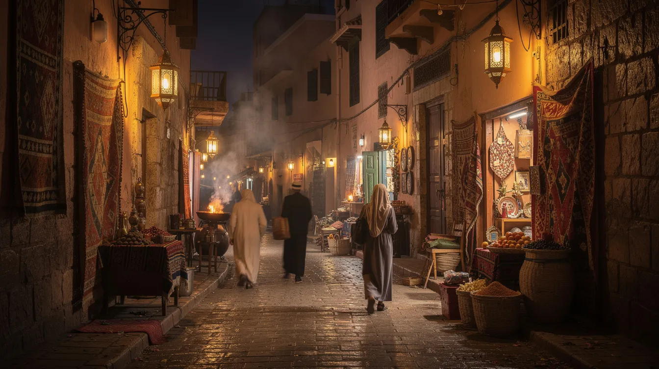 A narrow lane in the historic medina of Fez, Morocco, is illuminated by warm lanterns, flanked by ancient stone walls, as people stroll through a vibrant souk filled with traditional Moroccan architecture and rich cultural heritage. This scene captures the essence of the UNESCO World Heritage site, showcasing the winding streets and lively atmosphere of the old city, known as Fes el Bali.