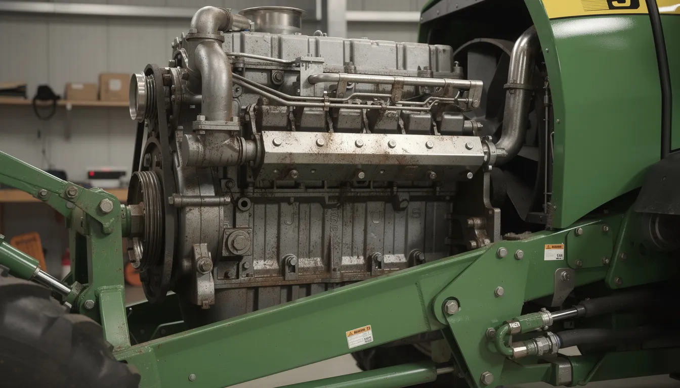 The image depicts a robust industrial diesel engine, specifically a Deutz model, installed in agricultural machinery, showcasing its cooling fins and inline arrangement for optimum engine performance. This 6-cylinder engine is designed for high durability and low noise emissions, making it suitable for worldwide operation in various agricultural applications.