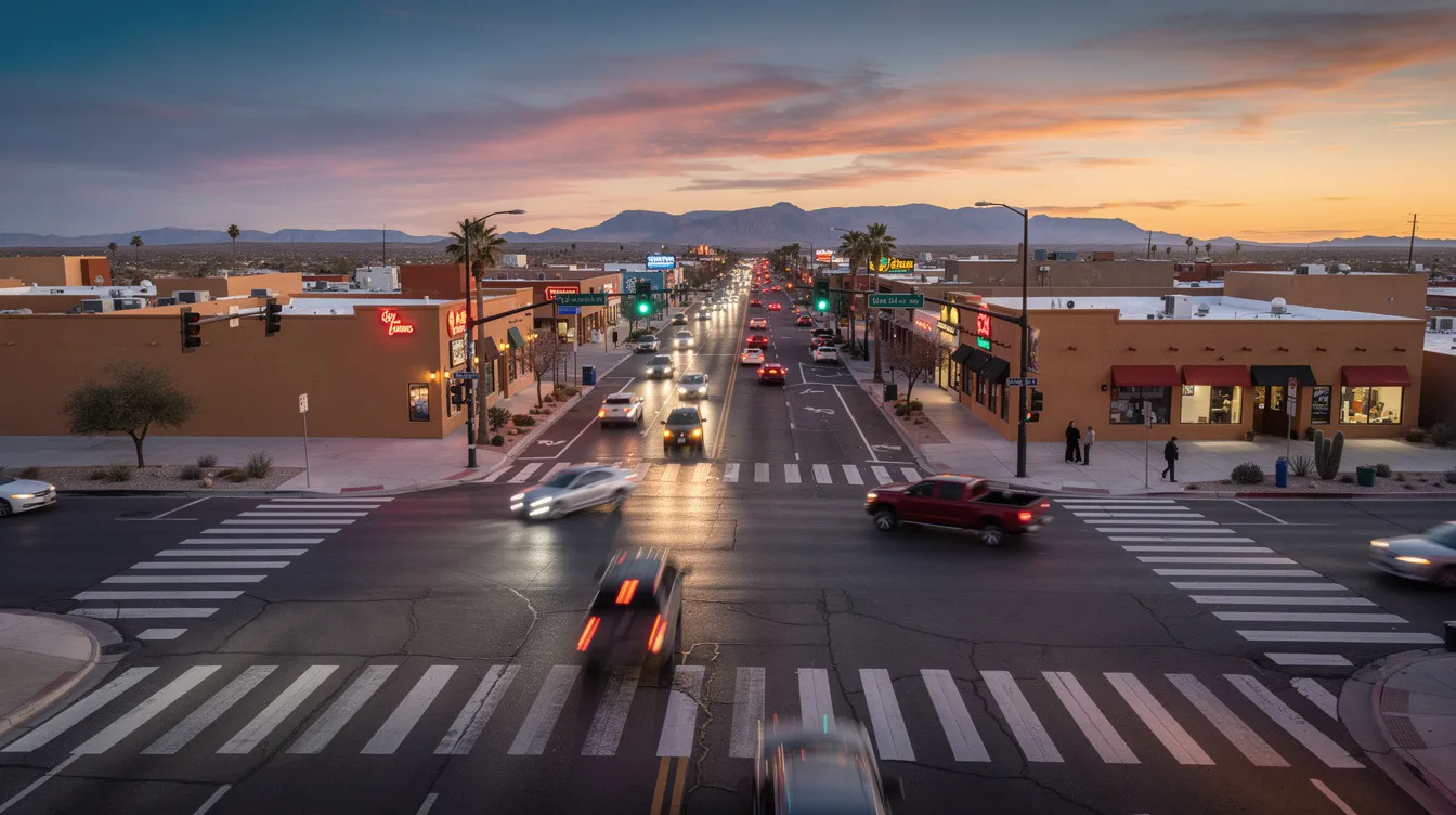 The image depicts a wide urban intersection at dusk, featuring crosswalk markings and vehicles approaching against a backdrop of a southwestern desert cityscape. This scene highlights the importance of pedestrian safety, as pedestrian accidents can occur in such busy areas, emphasizing the need for legal representation from experienced pedestrian accident lawyers in New Mexico.