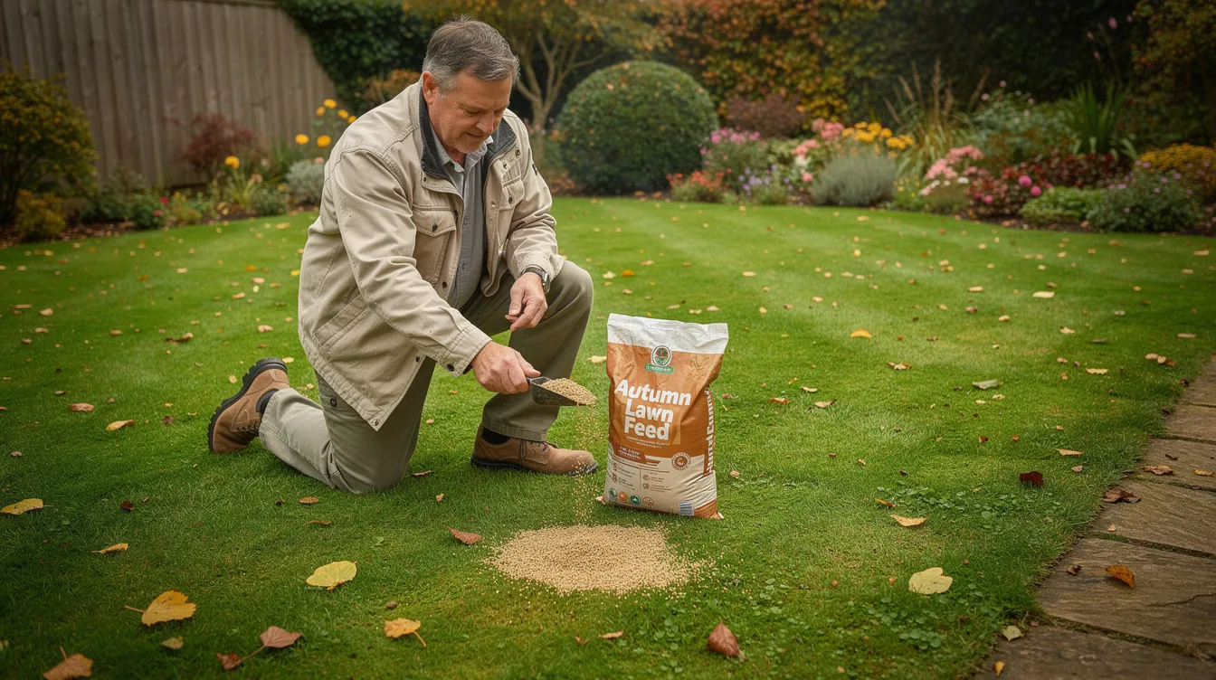 A man is hand-fertilising a lush green lawn with autumn lawn feed in an autumnal garden in the UK, focusing on promoting good root growth and ensuring a healthy lawn. The scene highlights the importance of lawn care during early autumn for maintaining strong grass roots and vibrant leafy growth.