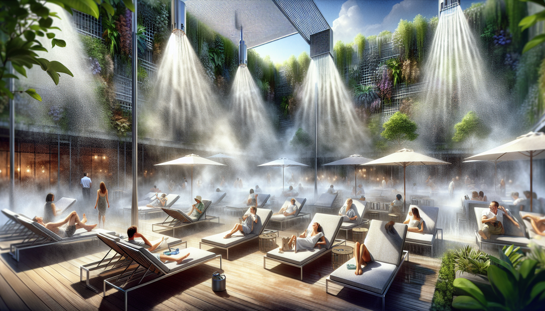 Illustration of misting system enhancing outdoor comfort