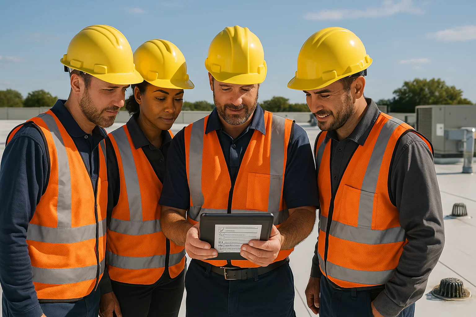 Roofing team using a digital tablet to review a preventative maintenance plan on a well-maintained commercial roof.