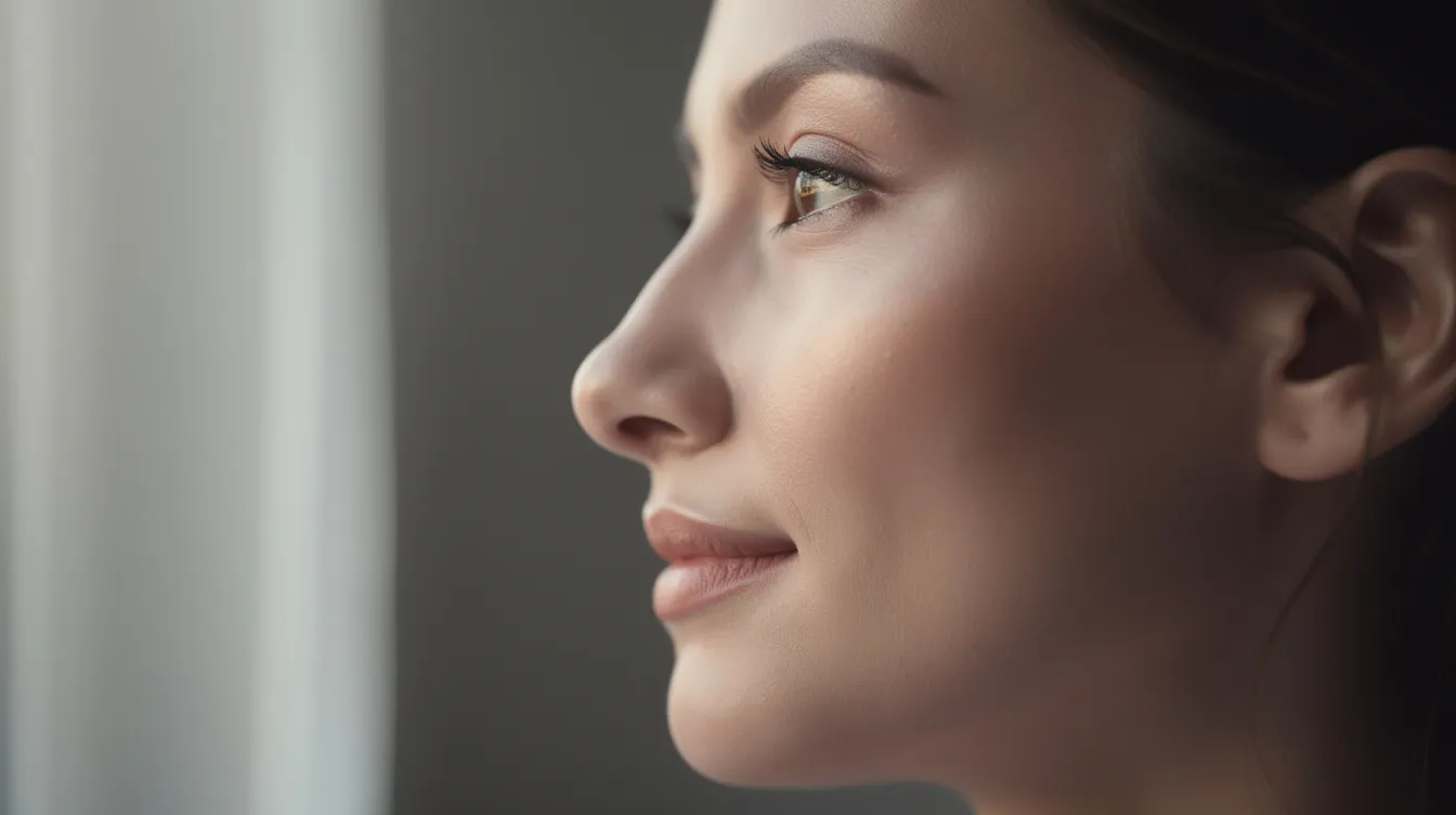 The image features a close-up side profile of a person showcasing a smooth, refined nose bridge, illuminated by soft natural lighting. This aesthetic appearance may suggest the results of a non-surgical nose job, such as liquid rhinoplasty, which enhances facial features with injectable fillers.