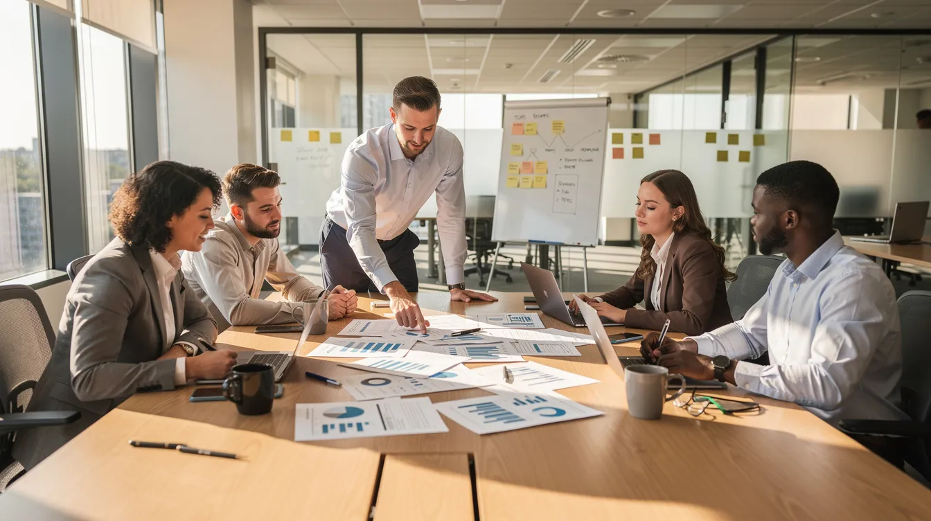 A team collaborates around a table while reviewing documents and digital content as part of an AI governance and content-approval process.