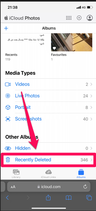 Image showing how to find the Recently Deleted folder
