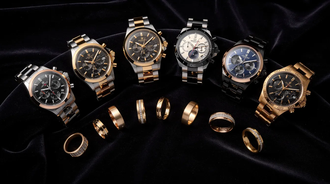 A collection of luxury watches and gold rings is elegantly arranged on dark velvet fabric, showcasing their opulence and craftsmanship. This display highlights items available for sale at a pawn shop located on Lincoln Ave in Anaheim, perfect for customers seeking collateral loans or unique treasures.