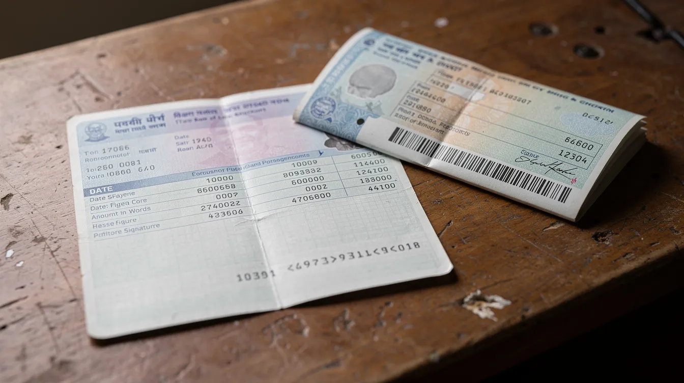 An Indian bank passbook and cheque book are open on a wooden desk, showcasing important details such as the bank account information, IFSC code, and MICR code, essential for managing funds and facilitating faster processing of transactions. The scene reflects a typical banking setup in India, highlighting the importance of cheques and passbooks in everyday financial activities.
