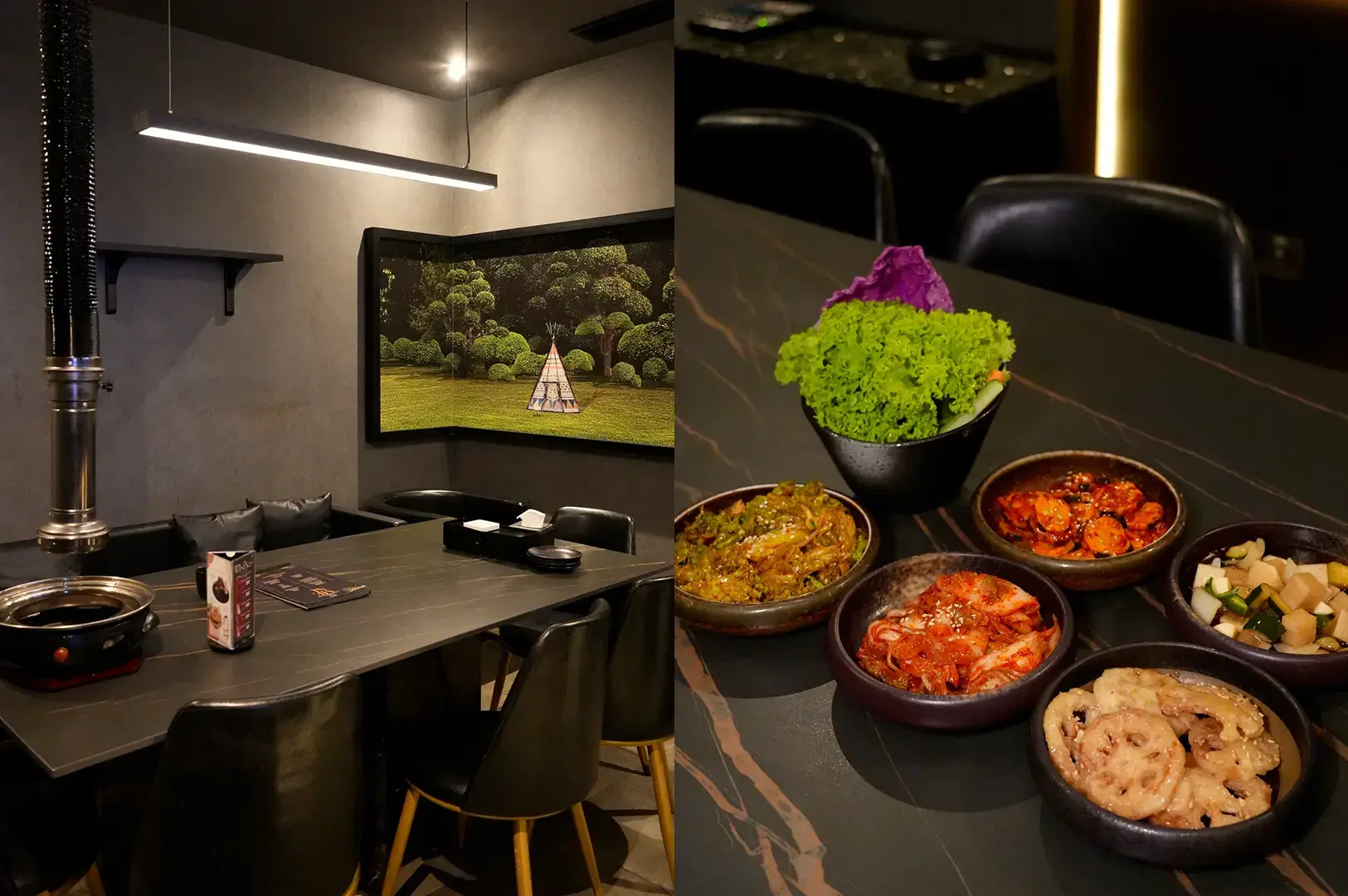 Hanjip Korean Grill House interior and banchan spread.