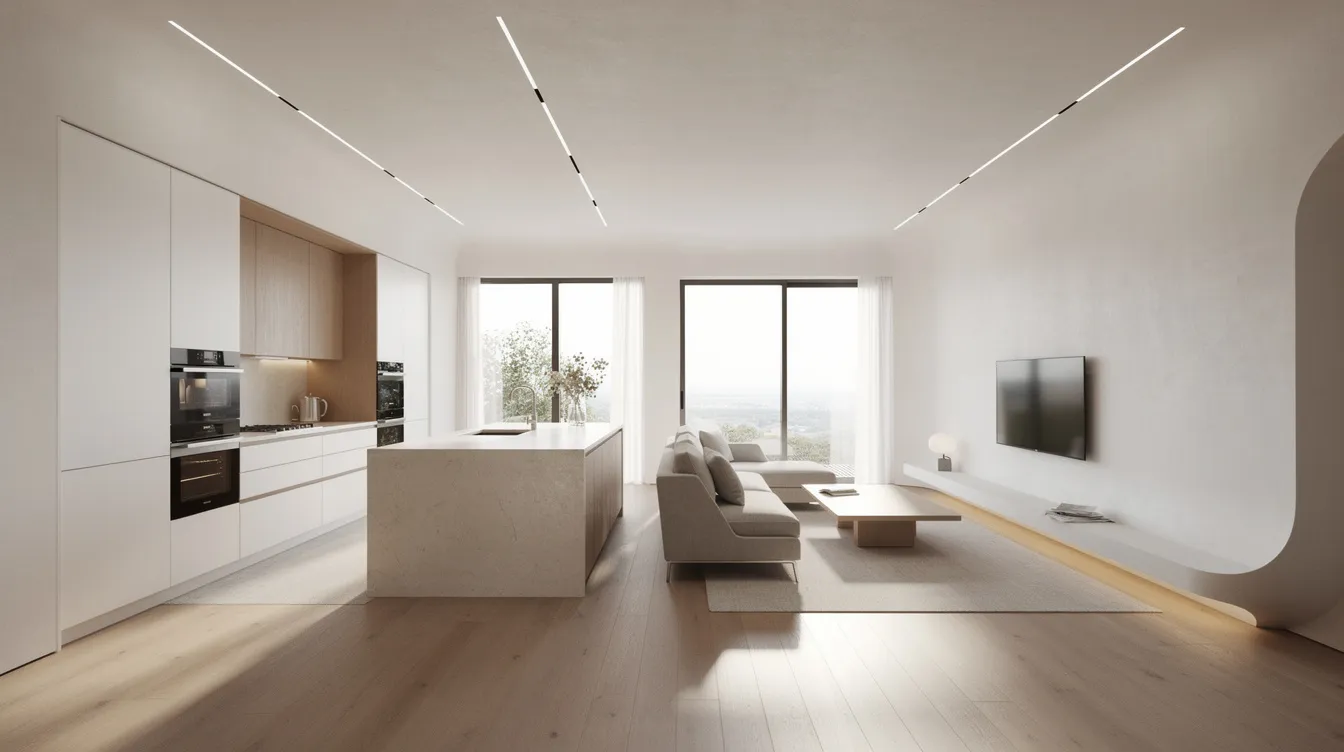The image depicts an open-plan kitchen and living area featuring continuous smooth venetian plaster walls that seamlessly connect both spaces. The modern interior design is enhanced with an aesthetically pleasing and sophisticated finish. The warm beige tones and polished texture create an inviting atmosphere, perfect for both cooking and relaxation.