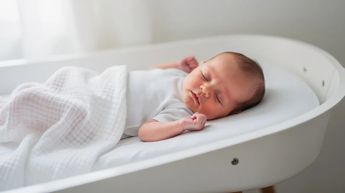 A newborn baby sleeps peacefully in a simple white bassinet with minimal bedding, surrounded by a calm sleep environment that promotes safe infant sleep practices. This serene scene highlights the importance of ensuring a restful space for new parents, who often face sleepless nights during the postpartum period.