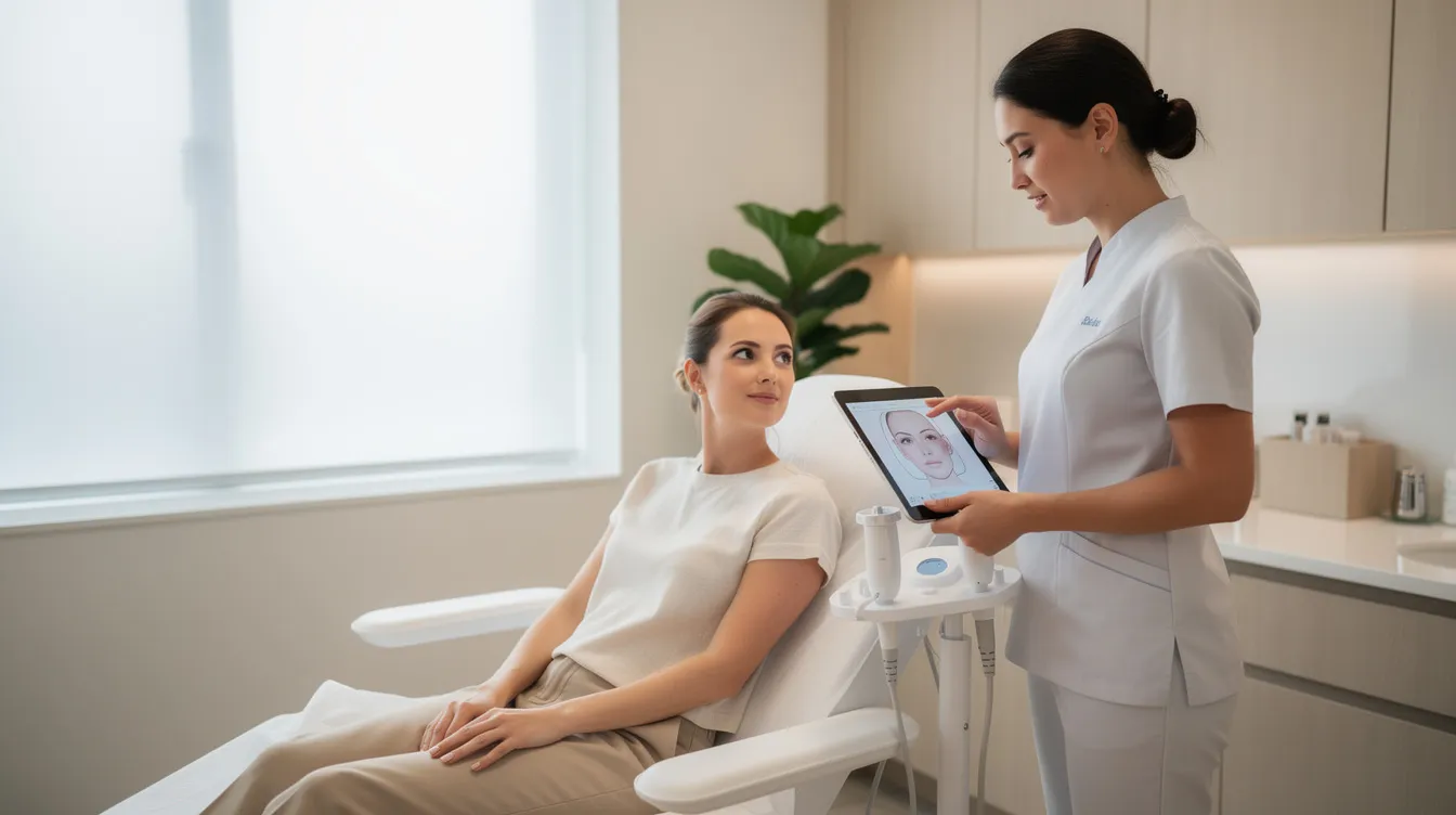 The image depicts a person receiving a gentle aesthetic consultation in a modern treatment room, where a professional discusses customized treatment plans for skin tightening and collagen production. The environment reflects advanced technology, promoting minimally invasive laser treatments like the endolift procedure to address issues such as sagging skin and enhance youthful contours.