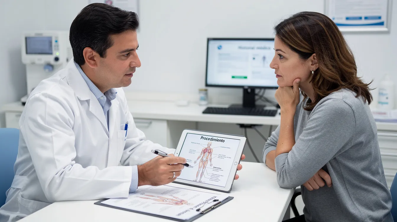 La imagen muestra una consulta médica en un ambiente clínico profesional, donde un médico está explicando a una paciente sobre la corrección del pezón invertido. Se observa al doctor señalando un gráfico que ilustra el procedimiento quirúrgico y la paciente escuchando atentamente, mostrando interés en la información proporcionada sobre su afección.