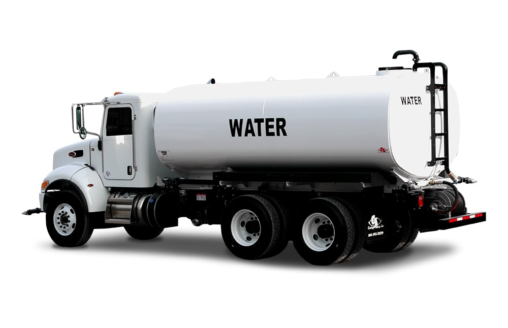 a white truck with a water tank on the back of it