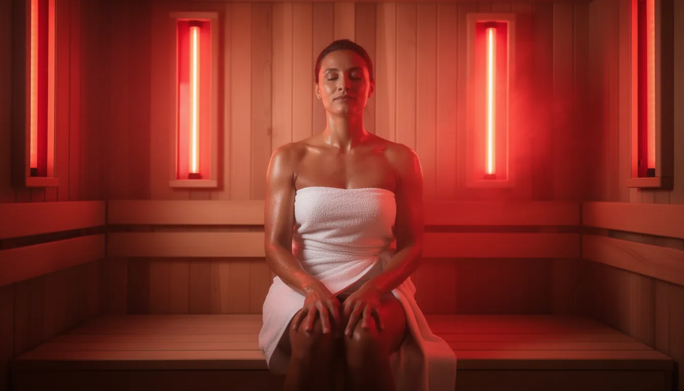 An athletic person is sitting comfortably in an infrared sauna, surrounded by glowing red light panels that emit infrared energy. This sauna session promotes muscle recovery and helps reduce muscle soreness through the benefits of infrared sauna therapy.