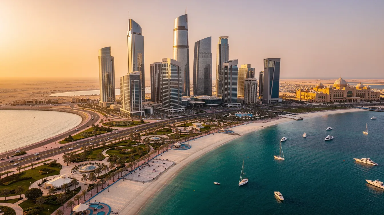 Imagem de Abu Dhabi, a capital dos Emirados Árabes Unidos, que abriga milhões de habitantes. A cidade é um destino turístico famoso, destacando-se por sua arquitetura moderna e rica cultura árabe à beira do Golfo Pérsico.