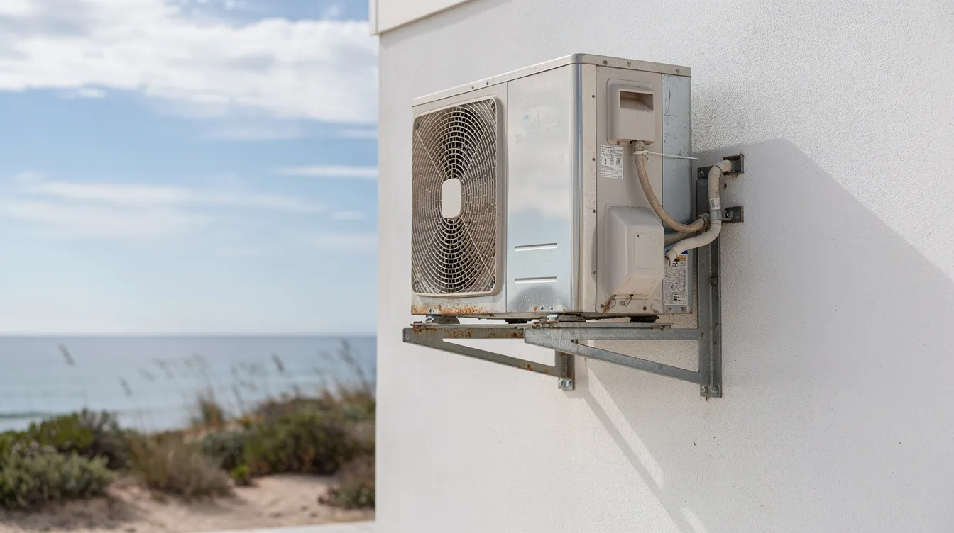 An outdoor air conditioning condenser unit is mounted on a wall next to a coastal property, showcasing its efficient cooling capabilities. This installation is crucial for maintaining comfort in residential and commercial spaces in areas like Kommetjie, especially during the hot summer months.