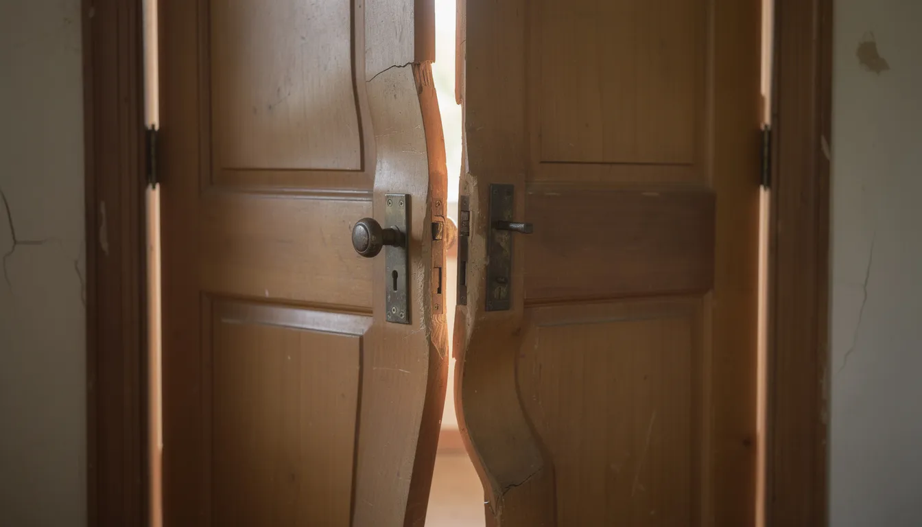 The image depicts a warped wooden entry door that fails to close properly, revealing noticeable gaps and misalignment, which are clear signs that it may be time to replace your front door. This poor sealing not only affects the door's appearance but can also lead to energy loss and increased energy bills due to air leaks and poor insulation.