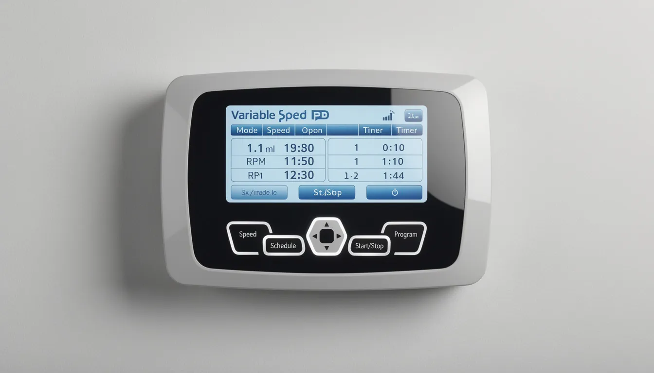 The image shows a variable speed pool pump control panel featuring a digital display with various programming options, highlighting its capability for energy efficient operation. This advanced control system allows pool owners to adjust settings for optimal energy savings and maximum efficiency in their swimming pool's filtration system.