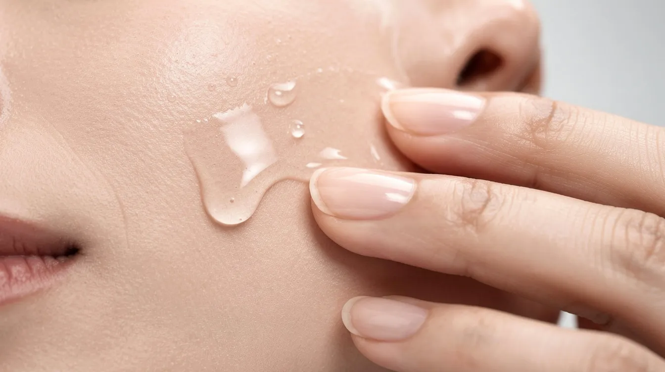 A close-up image shows a person&rsquo;s hands gently applying a clear serum to their skin, aiming to enhance hydration and promote radiant skin. This skincare routine, which may include ingredients like hyaluronic acid and vitamin C, is beneficial for addressing the first signs of aging and supporting a healthy skin barrier.