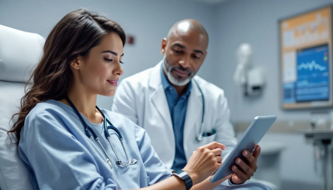 A patient is wearing a health monitoring device while a healthcare provider reviews the collected data on a tablet, highlighting the importance of accurate patient data in clinical care and healthcare research. This interaction demonstrates a key component of modern healthcare systems focused on improving health outcomes through effective data collection methods.