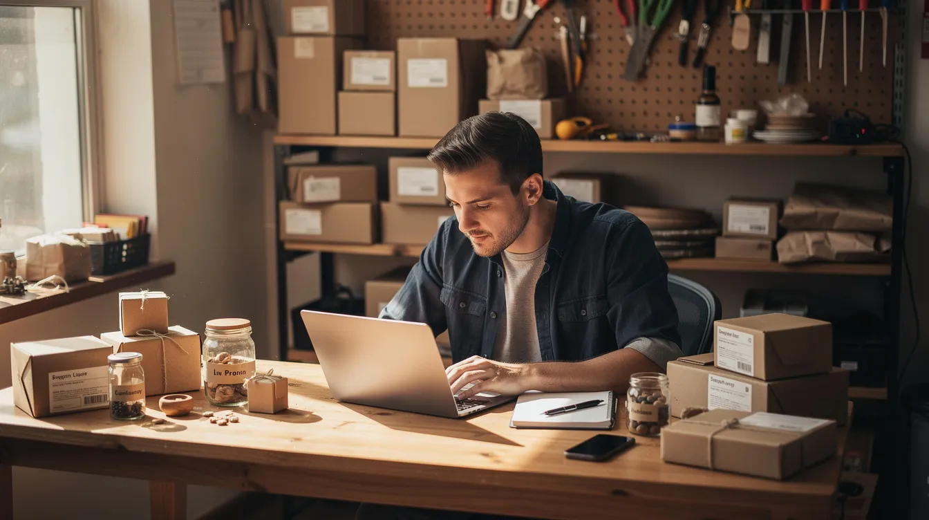 An entrepreneur is seated at a small workshop desk, surrounded by various products and a laptop, actively engaged in developing innovative business ideas. This scene highlights the spirit of aspiring entrepreneurs in the north eastern region, focusing on local markets and potential agro-based business ventures.