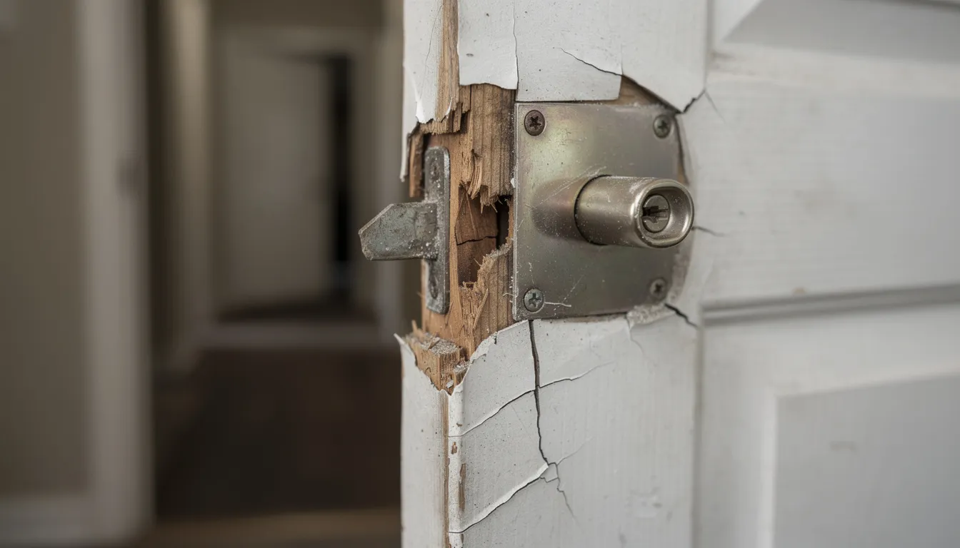 The image shows a broken door lock and a damaged door frame, highlighting the aftermath of a break-in that could lead to a financial situation where you might lose money each month. This sign of vulnerability in your front door emphasizes the importance of protecting your home to maintain control over your budget and future finances.