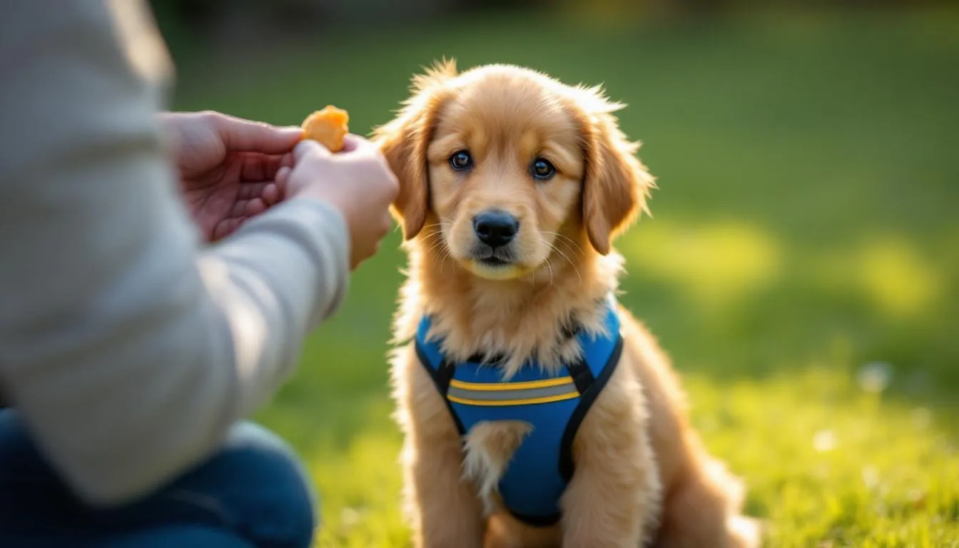 A mini goldendoodle sits attentively during a training session, showcasing its friendly and affectionate nature. This highly intelligent puppy, a mix between a golden retriever and a miniature poodle, is eager to learn and engage with its trainer.
