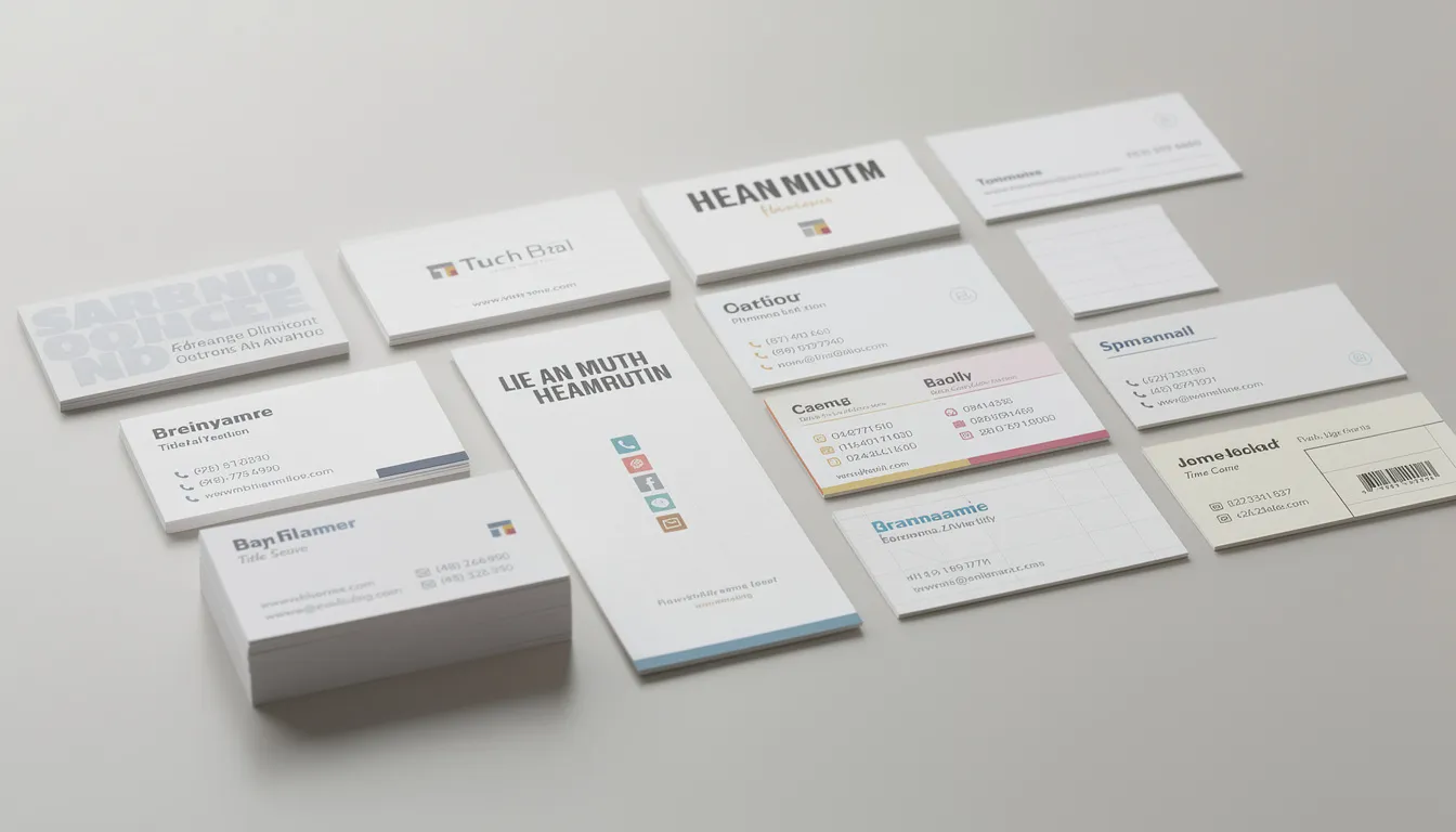 The image showcases a variety of business cards featuring creative designs and layouts, highlighting different color palettes and styles, from traditional to modern. Each card displays essential contact information and branding elements, such as logos and job titles, aimed at making a lasting impression on potential clients.