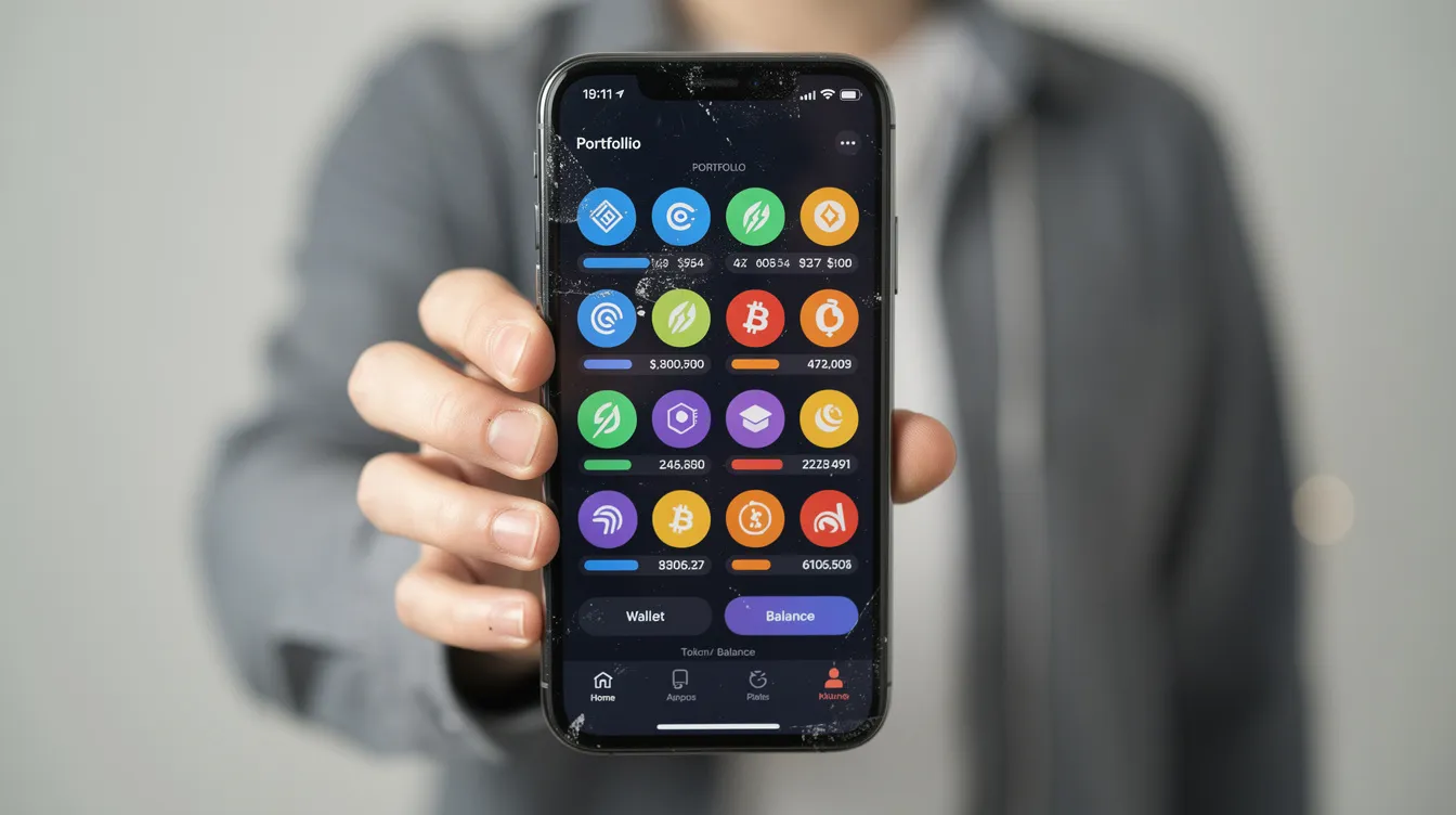 Seseorang memegang smartphone yang menampilkan dompet kripto dengan berbagai token berwarna, melambangkan pertumbuhan aset digital di infrastruktur keuangan digital India. Gambar ini menyoroti integrasi pasar tradisional dan digital, mencerminkan perubahan lanskap aset keuangan masa kini.