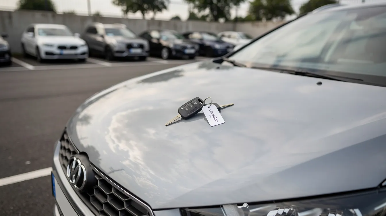 Une voiture de location est garée dans un parking, avec des clés posées sur le capot. Cette image évoque les préparatifs d'un voyage, où la location de voiture peut nécessiter une carte de débit ou de crédit pour le paiement.