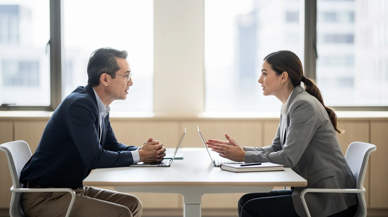 Deux professionnels échangent dans un espace de travail calme et lumineux, illustrant l'importance de la communication et de l'écoute active pour créer des relations constructives au sein de l'équipe. Leur interaction reflète un environnement propice à la collaboration et au bien-être au quotidien.