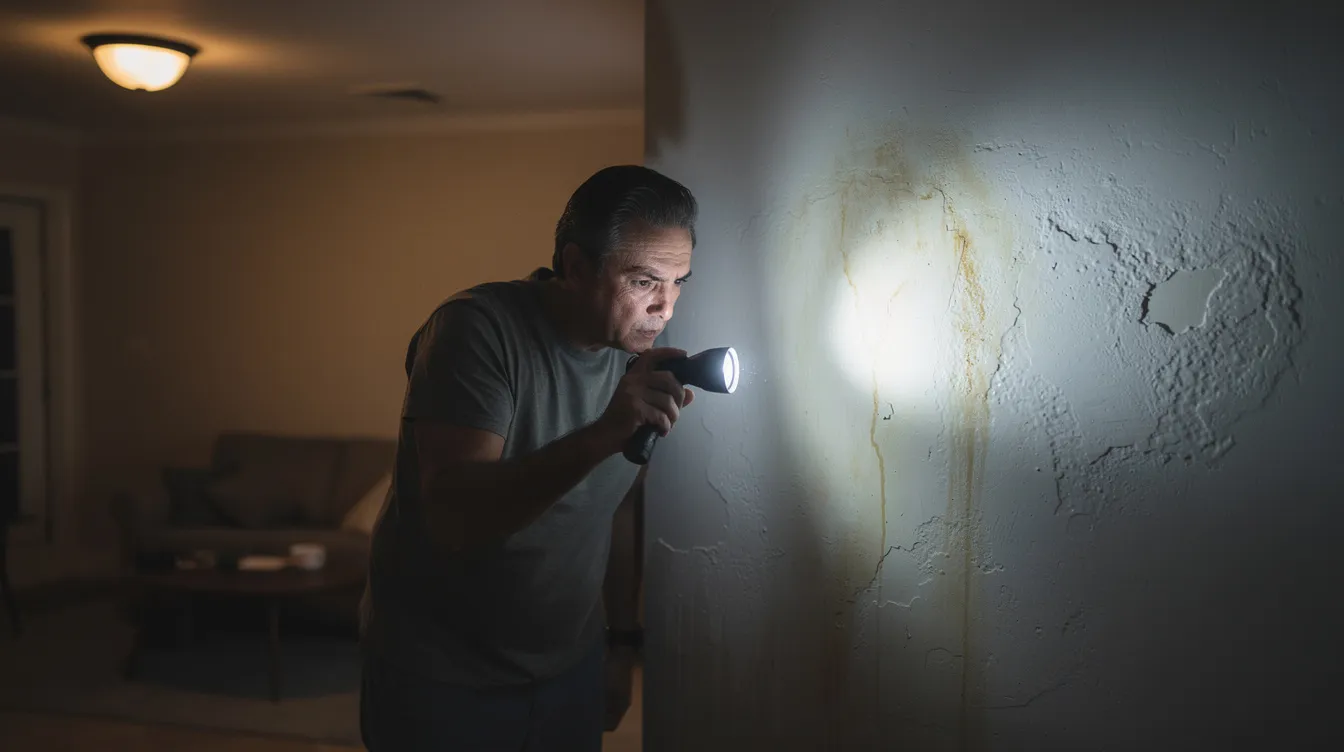 A person is using a flashlight to closely examine a wall for signs of water damage, which may indicate potential mold growth. The search is crucial as mold exposure can lead to health problems, including respiratory symptoms and allergic reactions.