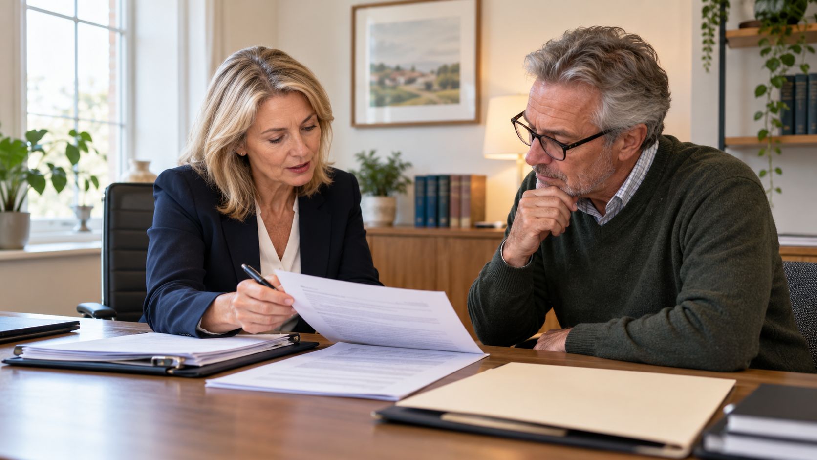 Person reviewing a professionally drafted will with a solicitor during an estate planning consultation in England and Wales.