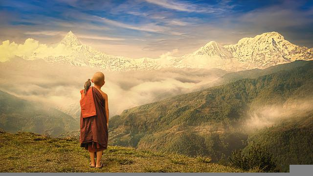 monk, mountains, child