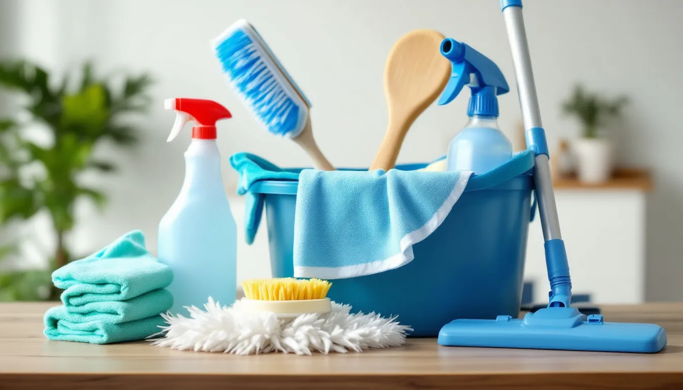 Essential cleaning supplies arranged neatly, ready for use in a hoarder house cleaning process.